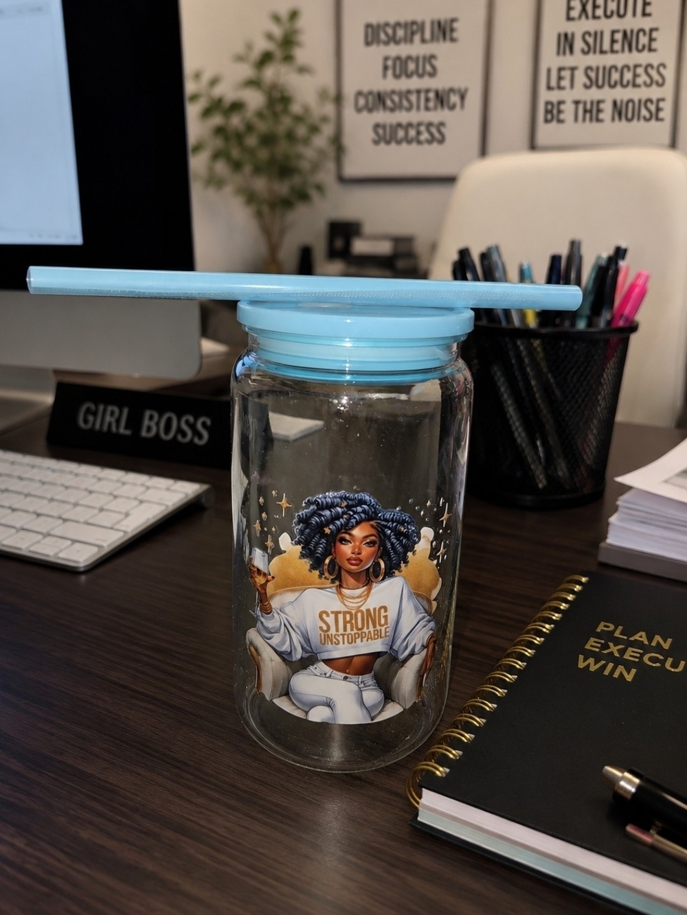 Blue-Accent Motivational Glass Jar with Lid